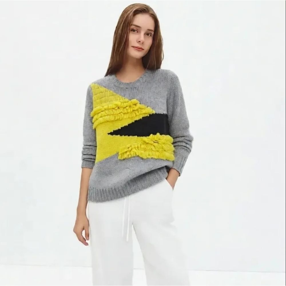 Tout Ā Coup Grey And Yellow Relief Design Knit Sweater